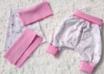 Fabric cuttings pants pattern Lybstes Baby size 50/56 - 74/80 Jersey flowers ecru plus cuff pink